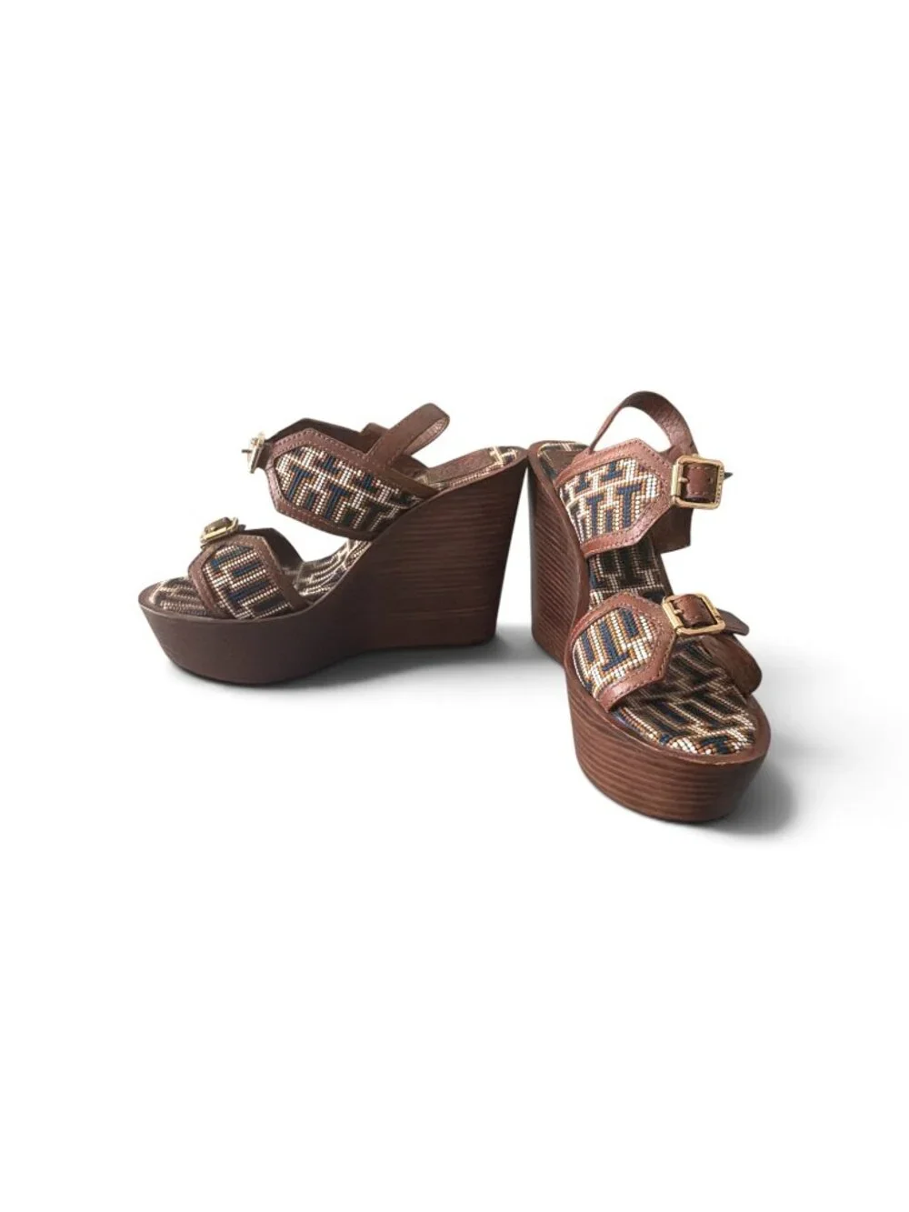 Tory Burch Platform Sandals Brown Leather Double T Size 10M